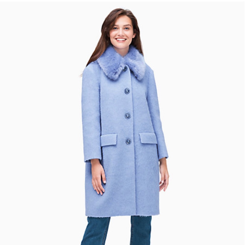 BNWT Kate Spade Wild Ones Fur Trim Coat Sky Blue